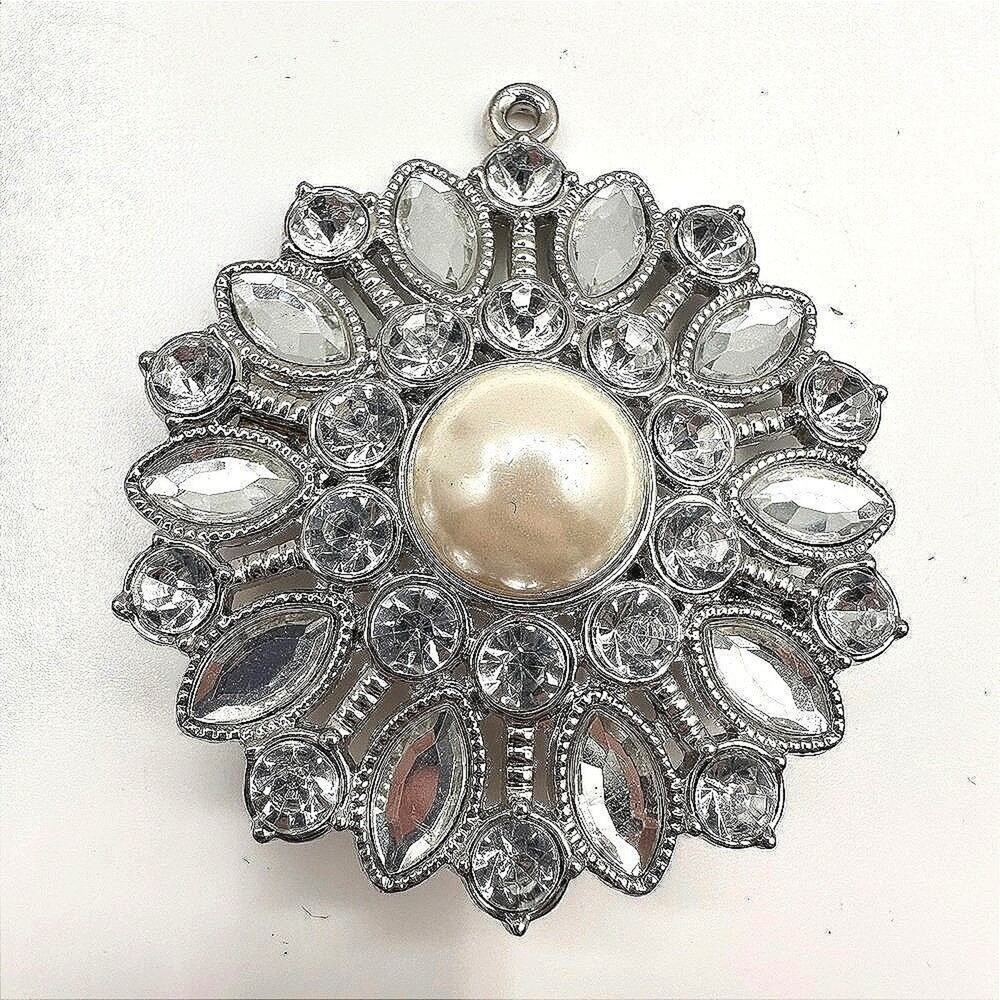 Vintage 90s Silver Tone Faux Pearl Rhinestone Floral Brooch Pendant Estate Y2K